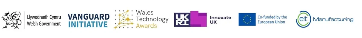 Logos of the organisations behind GoSmarter's award recognition: Welsh Government, The Vanguard Initiative, Wales Technology Awards, Innovate UK, the European Union, and EIT Manufacturing