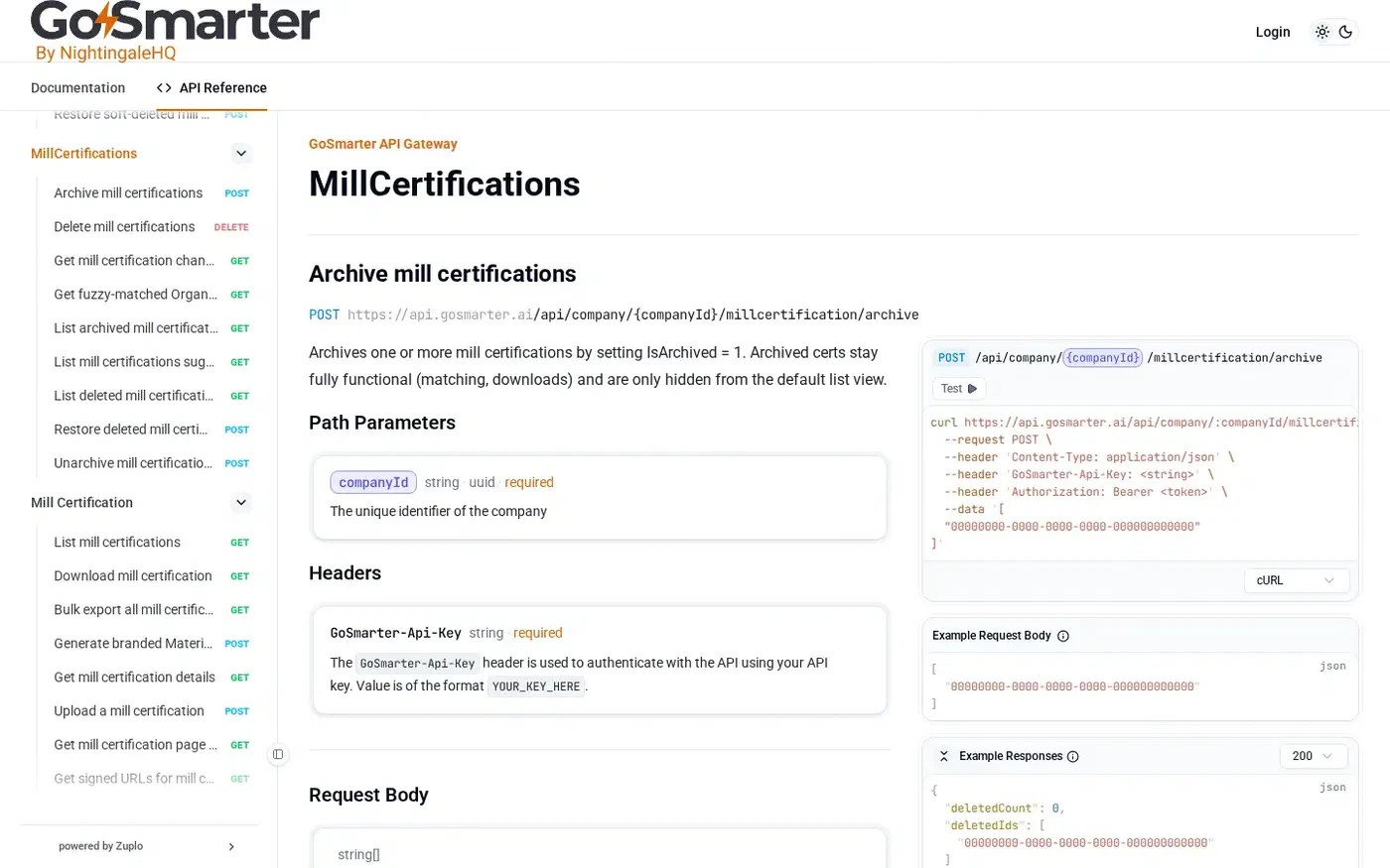 GoSmarter API Reference documentation showing the MillCertifications endpoint with path parameters, headers, and example request and response bodies