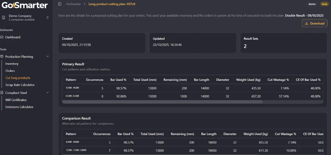 GoSmarter Cutting Plans showing AI-generated cut list with rebar bar allocations and scrap projections