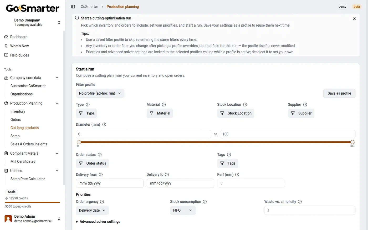 GoSmarter Cut Long Products run setup showing filters, priorities, and solver settings for a new cutting-optimisation run