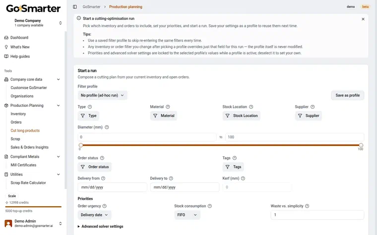 GoSmarter Cut Long Products run setup showing filters, priorities, and solver settings for a new cutting-optimisation run
