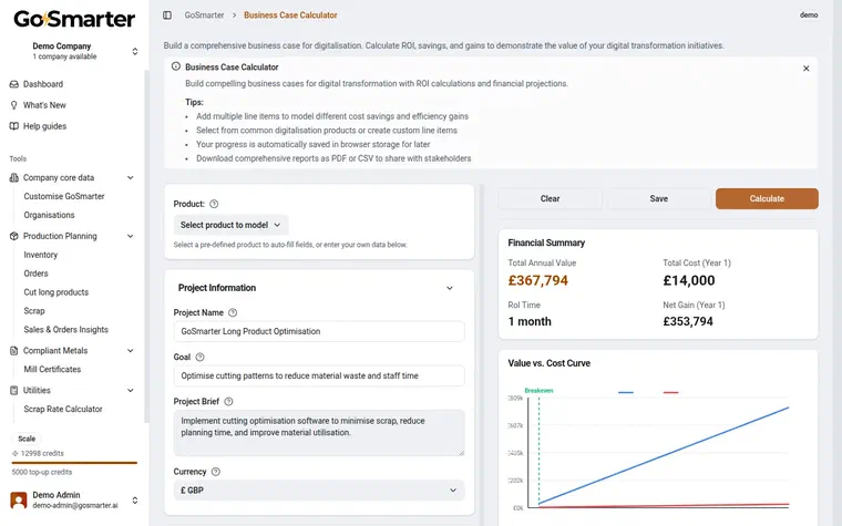 GoSmarter Business Case Calculator showing a Β£367,794 annual value estimate and a value-vs-cost breakeven chart