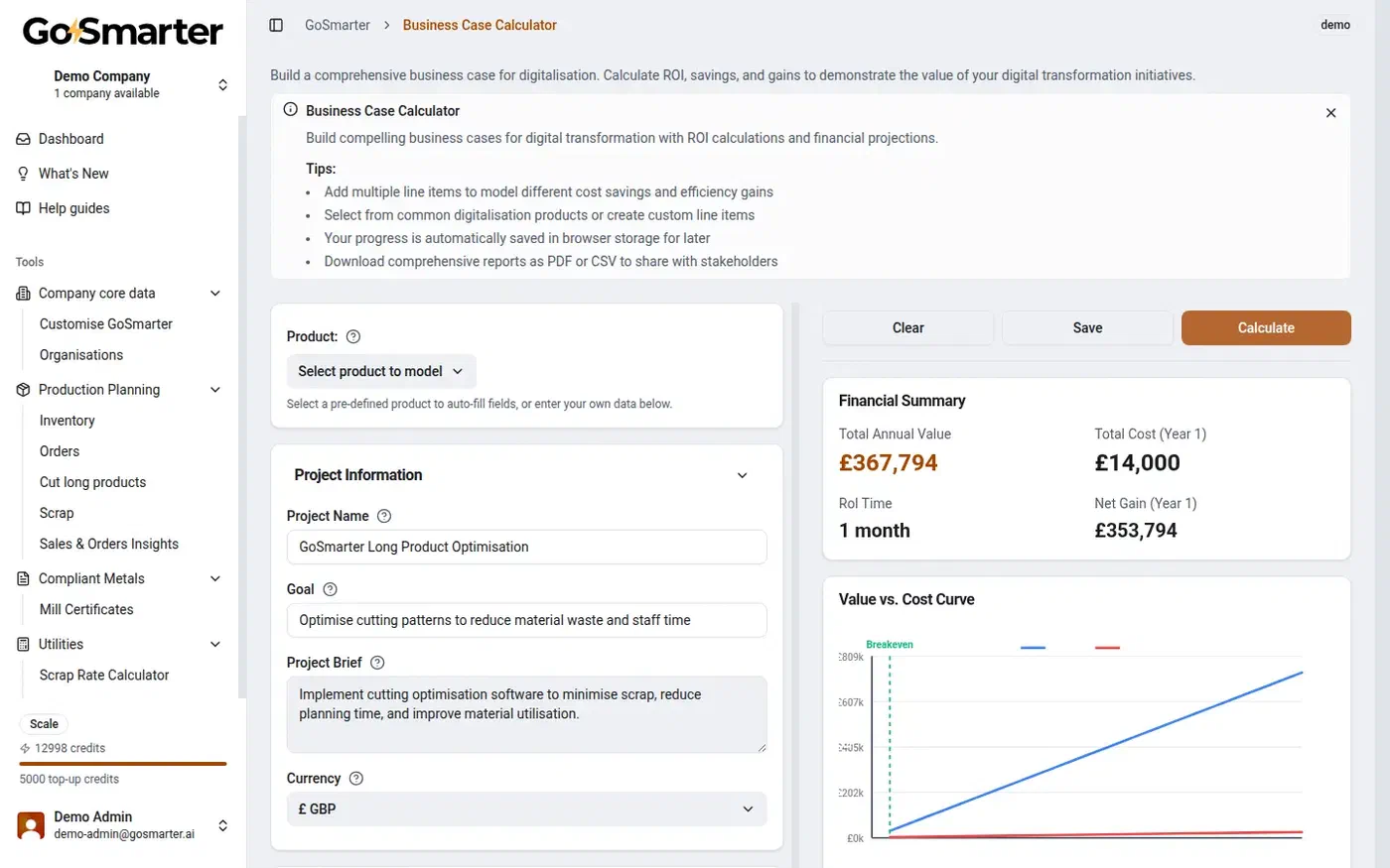 GoSmarter Business Case Calculator showing a £367,794 annual value estimate and a value-vs-cost breakeven chart