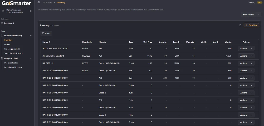 GoSmarter Metals Manager real-time inventory dashboard showing stock levels, grades, and mill cert status