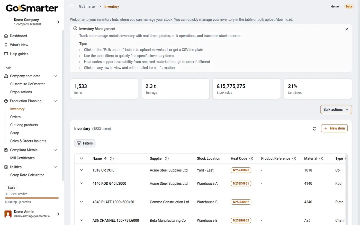 GoSmarter Inventory hub showing 1,533 items, 2.3 tonnes on hand, stock value, and cert-linked percentage