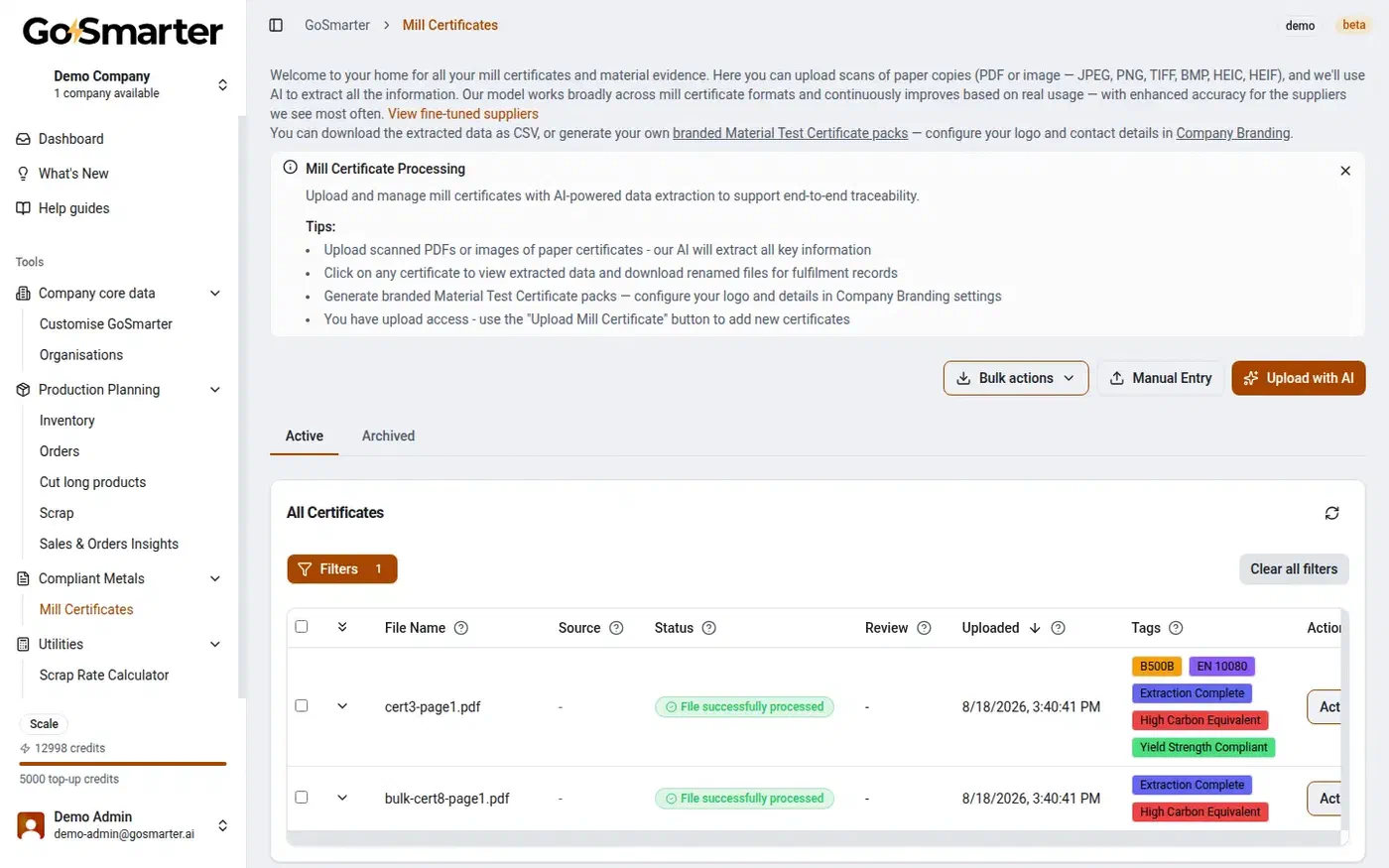 GoSmarter Mill Certificates list showing AI-processed certificates with status, tags, and upload options