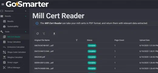 Screenshot of the GoSmarter Mill Cert Reader dashboard showing a list of processed certificate files.