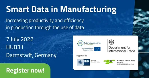Smart Data in Manufacturing event banner for 7 July 2022 in Darmstadt, Germany.