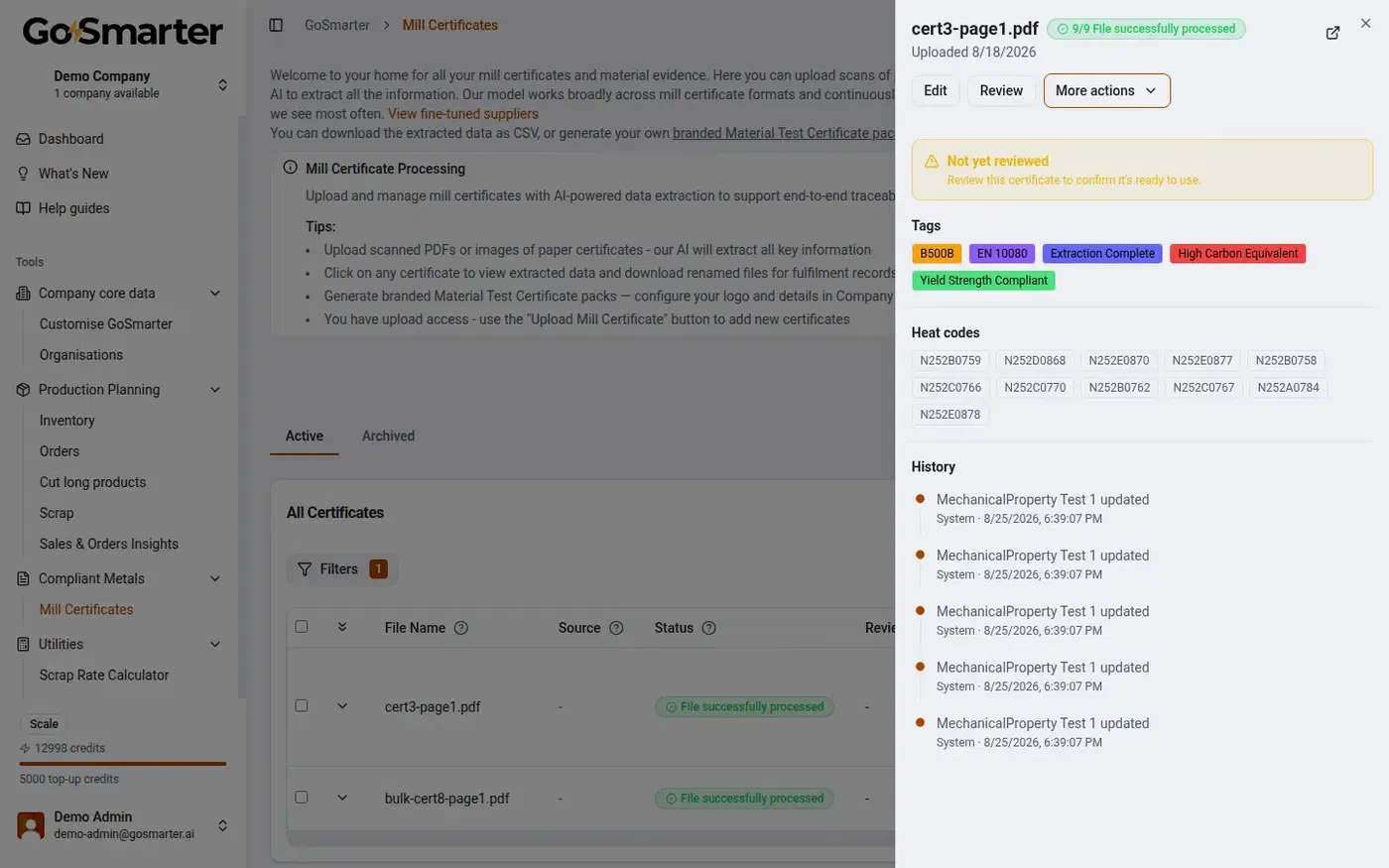 GoSmarter mill certificate detail view showing extracted tags, heat codes, and a full audit history
