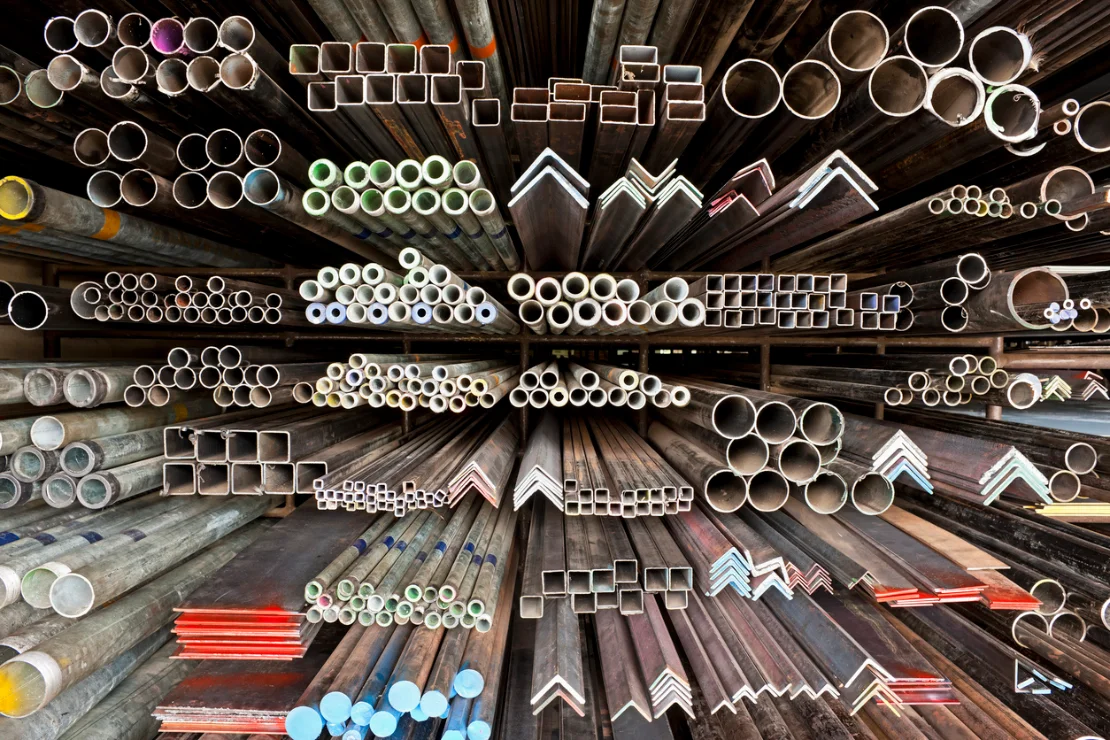 Steel inventory stored in a metals manufacturing yard